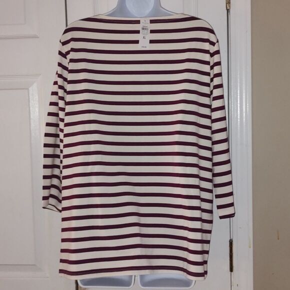 AnnTaylor Factory white cranberry striped 3/4th length shirt Sz XL NWT - Picture 3 of 5